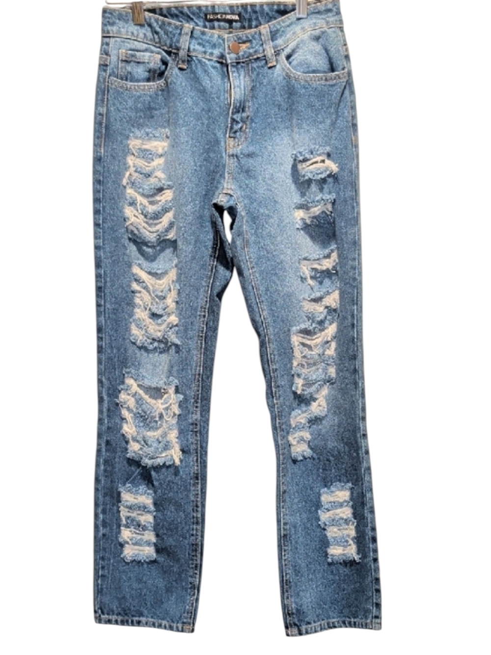 Fashion Nova Distressed Medium Blue Straight Leg Jeans (#809)
